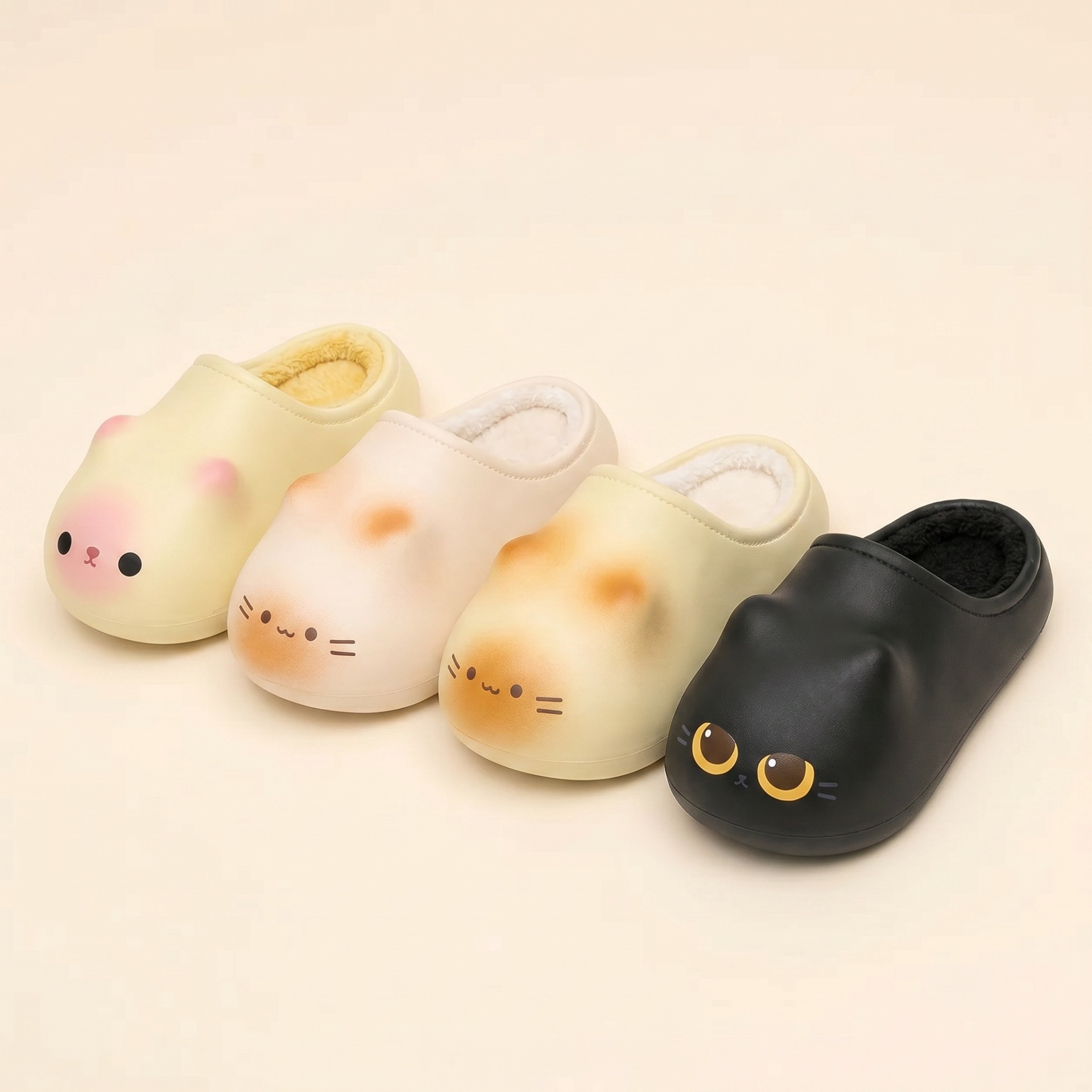 The Paw & Purr cat slipper lineup — Lulu, Milo, Opus and Max.